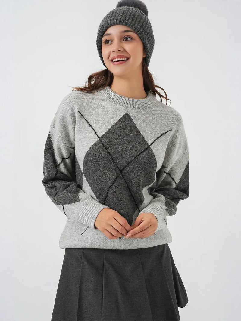 BIG DART BDART Oversized Argyle Crew Neck Jumper - Image 3